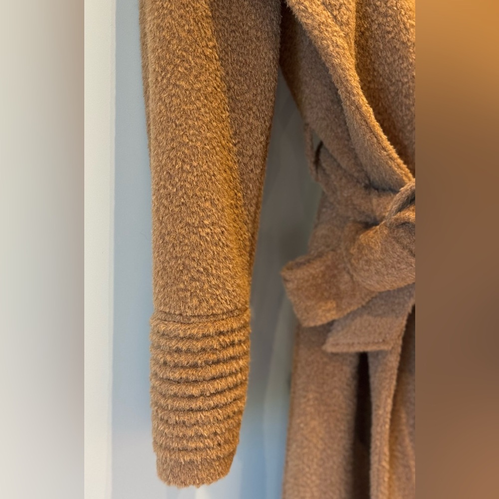 SENTALER Bouclé Alpaca Long Notched Collar Wrap Coat Dark Camel XS Never Worn - Picture 7 of 12